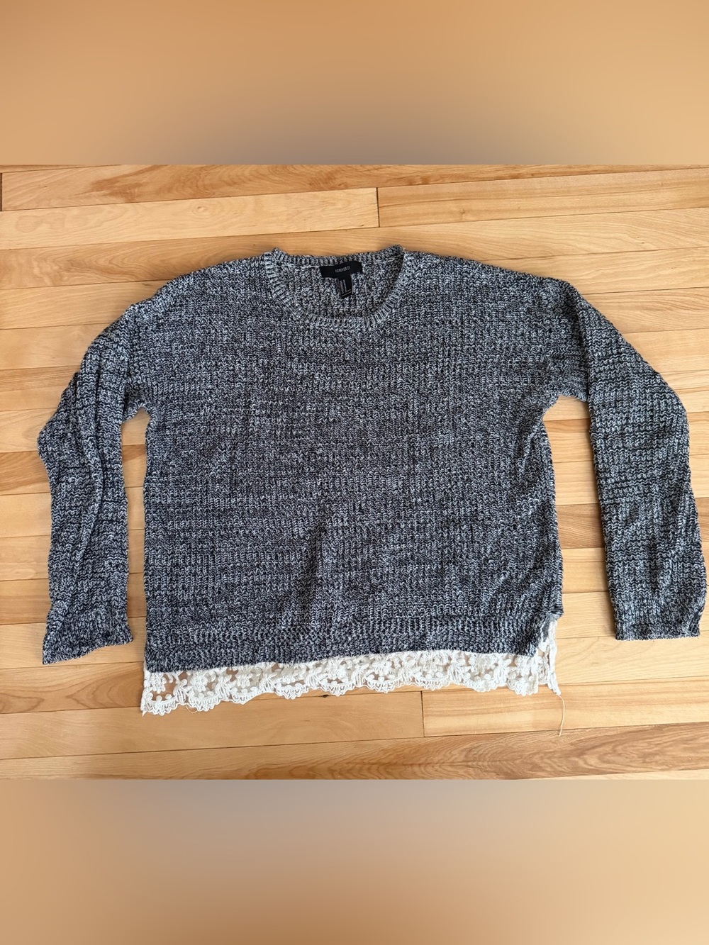 Forever 21 Gray Knit Crewneck Sweater with Cream Lace Trim Size M
